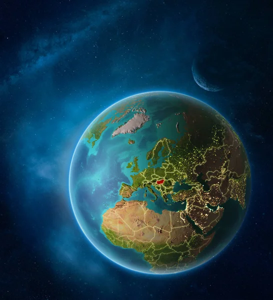 Planeta Ziemia Podświetloną Węgry Przestrzeni Księżyca Mlecznej Światła Miasta Widoczne — Zdjęcie stockowe