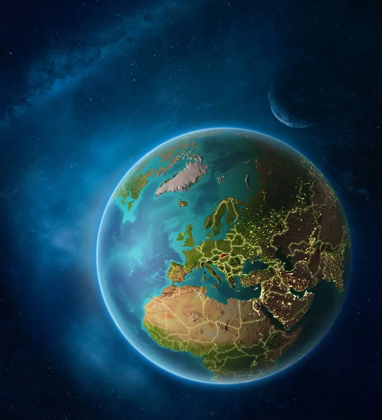 Планета Земля Луной Млечным Путем Космосе Видимые Городские Огни Границы — стоковое фото