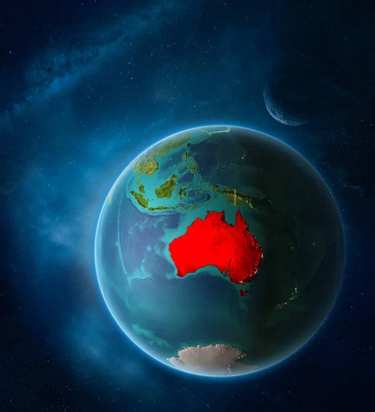 Planetjorden Med Markerade Australien Utrymme Med Månen Och Vintergatan Synliga — Stockfoto