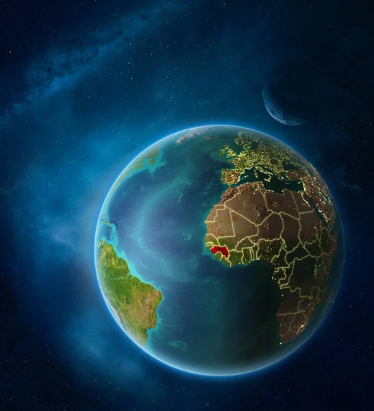 Планета Земля Виділених Гвінеї Просторі Місяцем Чумацький Шлях Видимий Сітілайти — стокове фото