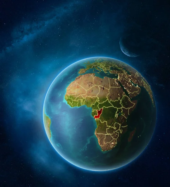 Planet Earth Highlighted Congo Space Moon Milky Way Visible City — Stock Photo, Image