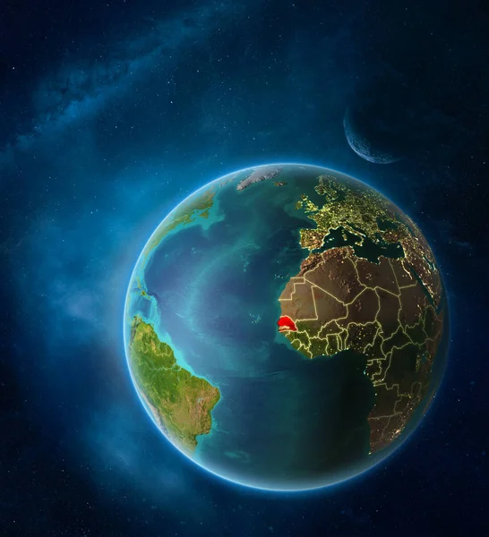 Планета Земля Виділених Сенегалу Просторі Місяцем Чумацький Шлях Видимий Сітілайти — стокове фото
