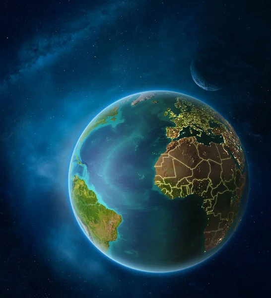 Planetjorden Med Markerade Gambia Utrymme Med Månen Och Vintergatan Synliga — Stockfoto