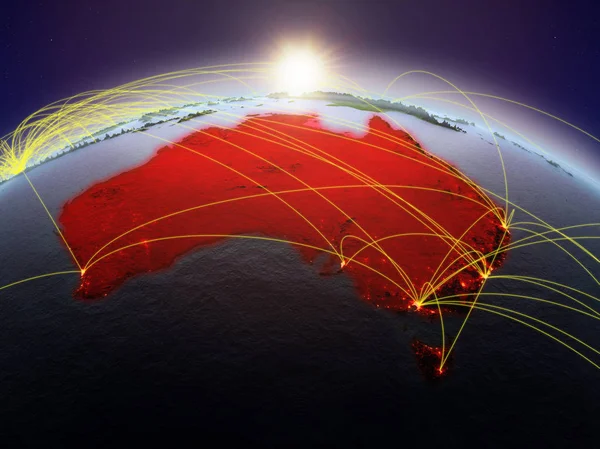 Australia on planet Earth during dawn with international network representing communication, travel and connections. 3D illustration. Elements of this image furnished by NASA.