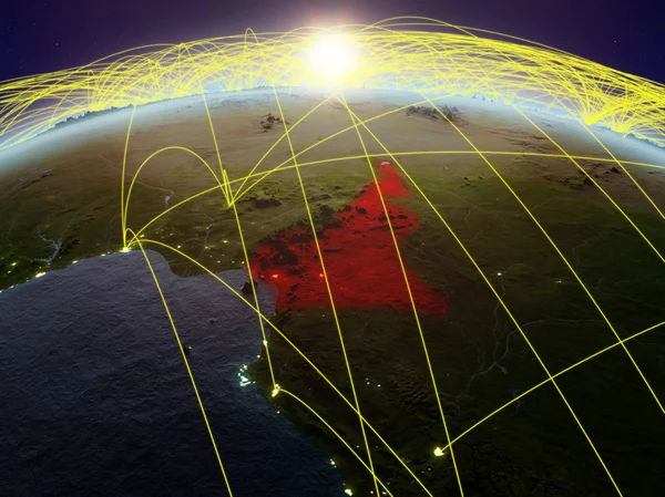 Kameroen Planeet Aarde Tijdens Zonsopgang Met Wereldwijd Netwerk Communicatie Reis — Stockfoto
