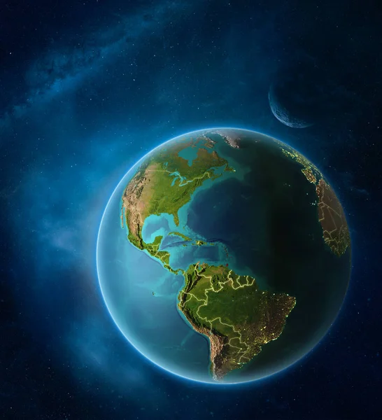 Planet Earth with highlighted Caribbean in space with Moon and Milky Way. Visible city lights and country borders. 3D illustration. Elements of this image furnished by NASA.