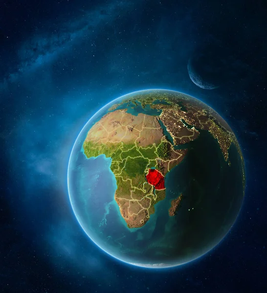 Föld Bolygó Hold Tejút Térben Kijelölt Tanzánia Látható Város Fényei — Stock Fotó