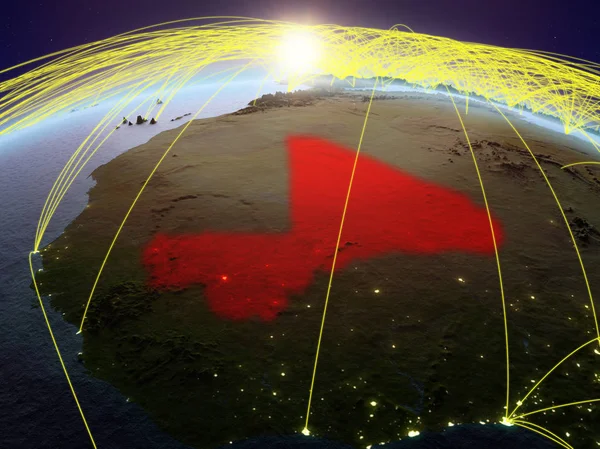 Mali Planeta Terra Durante Amanhecer Com Rede Internacional Representando Comunicação — Fotografia de Stock