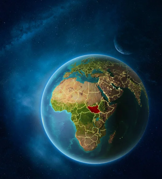 Планета Земля Выделенным Южным Суданом Космосе Луной Млечным Путем Видимые — стоковое фото