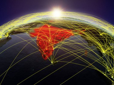 Hindistan uluslararası ağ iletişim, seyahat ve bağlantıları temsil eden Dawn'la sırasında Planet Earth. 3D çizim. Nasa tarafından döşenmiş bu görüntü unsurları.