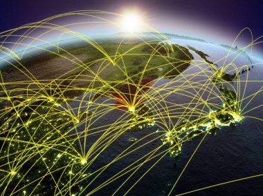 Kuzey Kore Planet Earth uluslararası ağ iletişim, seyahat ve bağlantıları temsil eden Dawn'la sırasında. 3D çizim. Nasa tarafından döşenmiş bu görüntü unsurları.