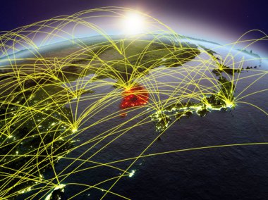 Planet Earth uluslararası ağ iletişim, seyahat ve bağlantıları temsil eden Dawn'la sırasında Güney Kore. 3D çizim. Nasa tarafından döşenmiş bu görüntü unsurları.