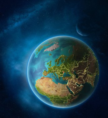 Ay ve Samanyolu uzayda vurgulanan Moldova ile dünya gezegeni. Görünür şehir ışıkları ve ülke sınırları. 3D çizim. Nasa tarafından döşenmiş bu görüntü unsurları.