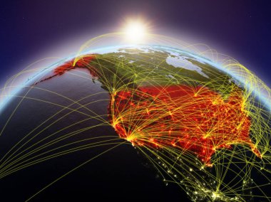 ABD Planet Earth uluslararası ağ iletişim, seyahat ve bağlantıları temsil eden Dawn'la sırasında. 3D çizim. Nasa tarafından döşenmiş bu görüntü unsurları.