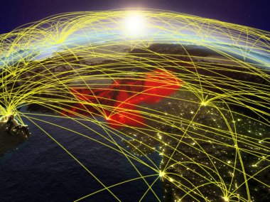 Pakistan Planet Earth uluslararası ağ iletişim, seyahat ve bağlantıları temsil eden Dawn'la sırasında. 3D çizim. Nasa tarafından döşenmiş bu görüntü unsurları.