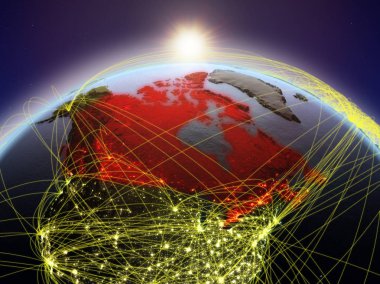 Kanada Uluslararası ağ iletişim, seyahat ve bağlantıları temsil eden Dawn'la sırasında Planet Earth. 3D çizim. Nasa tarafından döşenmiş bu görüntü unsurları.