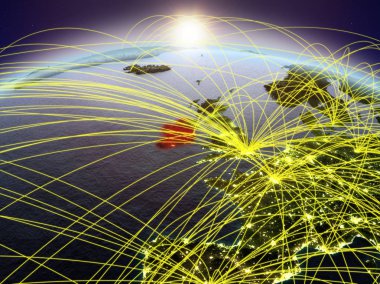 İrlanda'da uluslararası ağ iletişim, seyahat ve bağlantıları temsil eden Dawn'la sırasında Dünya gezegeni. 3D çizim. Nasa tarafından döşenmiş bu görüntü unsurları.