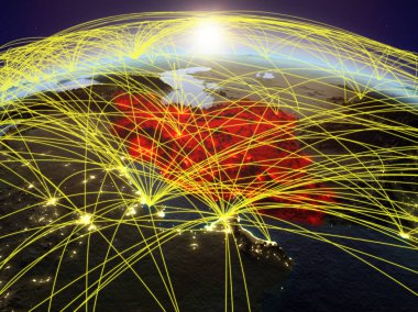 Planet Earth uluslararası ağ iletişim, seyahat ve bağlantıları temsil eden Dawn'la sırasında Iran. 3D çizim. Nasa tarafından döşenmiş bu görüntü unsurları.