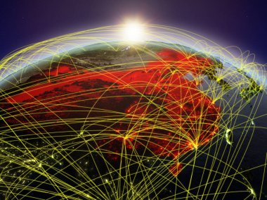 Çin uluslararası ağ iletişim, seyahat ve bağlantıları temsil eden Dawn'la sırasında Planet Earth. 3D çizim. Nasa tarafından döşenmiş bu görüntü unsurları.