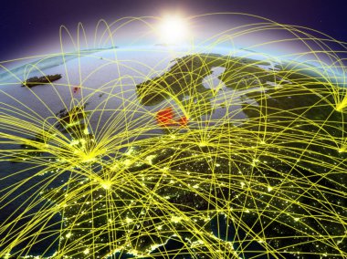 Danimarka Planet Earth uluslararası ağ iletişim, seyahat ve bağlantıları temsil eden Dawn'la sırasında. 3D çizim. Nasa tarafından döşenmiş bu görüntü unsurları.