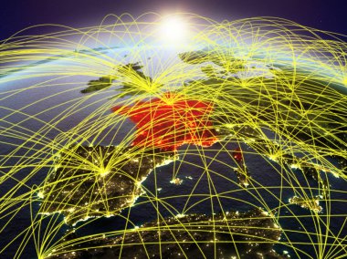 Planet Earth uluslararası ağ iletişim, seyahat ve bağlantıları temsil eden Dawn'la sırasında Fransa. 3D çizim. Nasa tarafından döşenmiş bu görüntü unsurları.