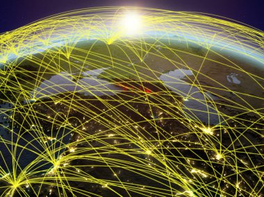 Planet Earth sırasında uluslararası ağ iletişim, seyahat ve bağlantıları temsil eden Dawn'la Georgia. 3D çizim. Nasa tarafından döşenmiş bu görüntü unsurları.