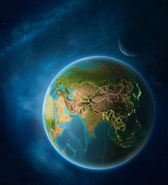 Planeet Aarde Met Gemarkeerde Nepal Ruimte Met Maan Melkweg Zichtbaar — Stockfoto