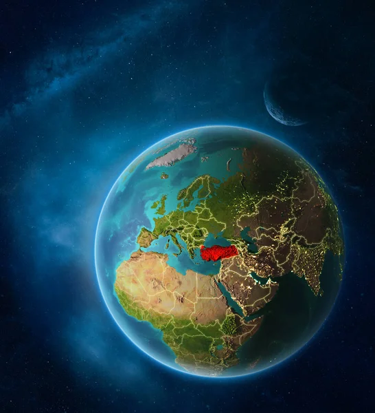 Planeta Ziemia Podświetloną Turcja Przestrzeni Księżyca Mlecznej Światła Miasta Widoczne — Zdjęcie stockowe