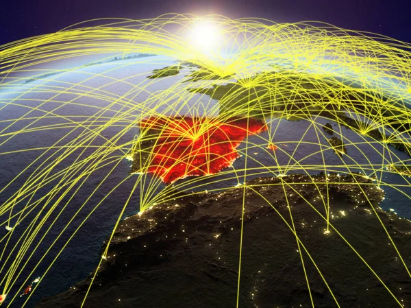 国際的なネットワーク通信 旅行および接続を表す夜明けの間に地球上のスペイン イラスト Nasa から提供されたこのイメージの要素 — ストック写真