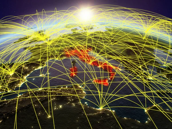 国際的なネットワーク通信 旅行および接続を表す夜明けの間に地球上のイタリア イラスト Nasa から提供されたこのイメージの要素 — ストック写真