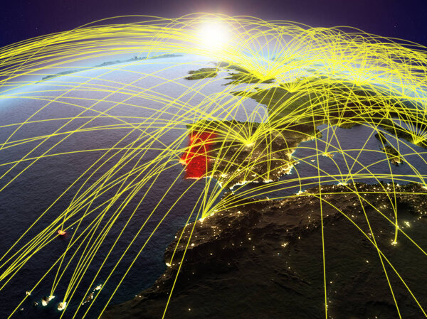 Португалия на планете Земля на рассвете с международной сетью, представляющей связь, путешествия и связи. 3D иллюстрация. Элементы этого изображения предоставлены НАСА
.