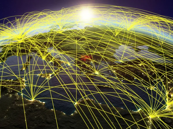 Macedonia Planecie Ziemi Podczas Świtu Międzynarodowej Sieci Komunikacji Podróży Połączeń — Zdjęcie stockowe