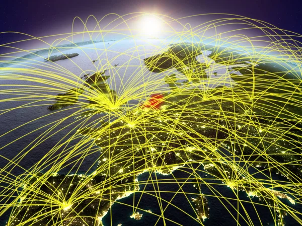 Holandia Planecie Ziemi Podczas Świtu Międzynarodowej Sieci Komunikacji Podróży Połączeń — Zdjęcie stockowe
