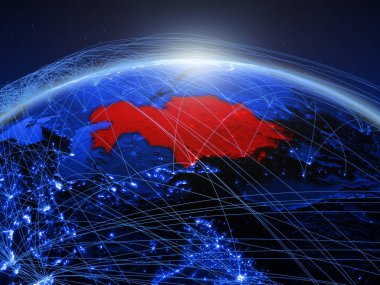 Kazakistan Uluslararası ağ iletişim, seyahat ve bağlantıları temsil eden mavi dijital Planet Earth. 3D çizim. Nasa tarafından döşenmiş bu görüntü unsurları.