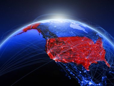 ABD Uluslararası ağ iletişim, seyahat ve bağlantıları temsil eden mavi dijital Planet Earth. 3D çizim. Nasa tarafından döşenmiş bu görüntü unsurları.