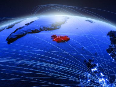 İzlanda mavi dijital Planet Earth ile uluslararası ağ iletişim, seyahat ve bağlantıları temsil eden. 3D çizim. Nasa tarafından döşenmiş bu görüntü unsurları.