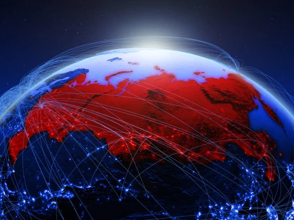 俄罗斯在蓝色数字地球上 拥有代表通信 旅行和连接的国际网络 美国宇航局提供的这张图片的元素 — 图库照片