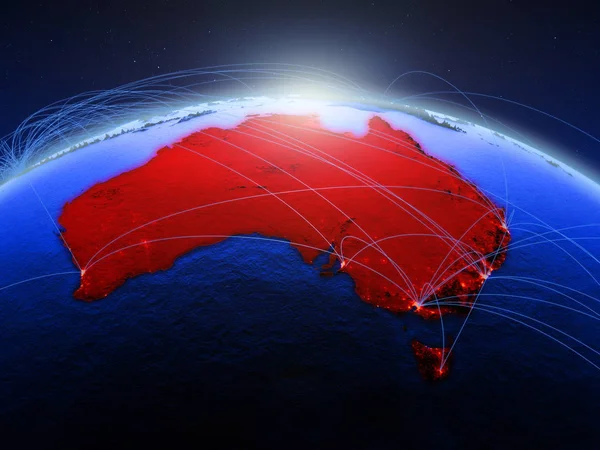 Australia on blue digital planet Earth with international network representing communication, travel and connections. 3D illustration. Elements of this image furnished by NASA.