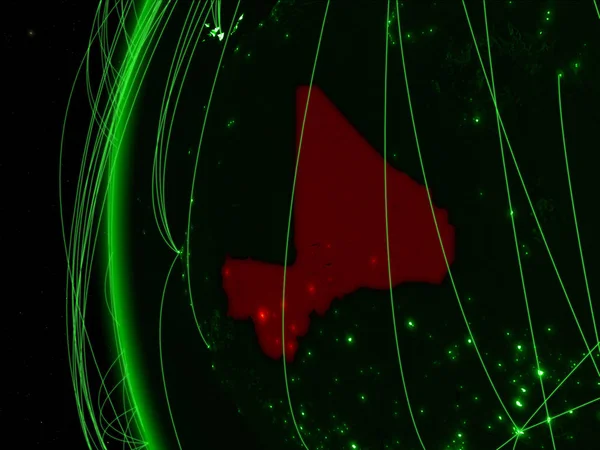 Mali from space on green model of Earth with international networks. Concept of green communication or travel. 3D illustration. Elements of this image furnished by NASA.