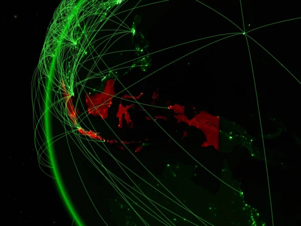 Indonesia from space on green model of Earth with international networks. Concept of green communication or travel. 3D illustration. Elements of this image furnished by NASA.