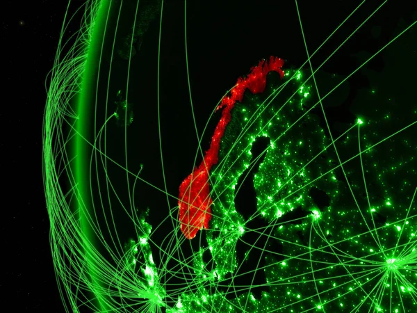 Norway from space on green model of Earth with international networks. Concept of green communication or travel. 3D illustration. Elements of this image furnished by NASA.