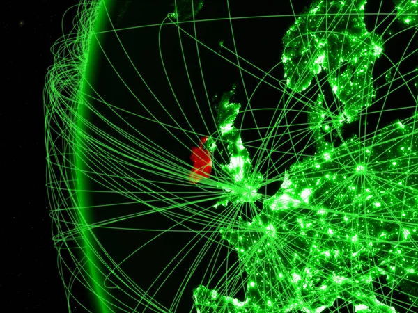 Ireland from space on green model of Earth with international networks. Concept of green communication or travel. 3D illustration. Elements of this image furnished by NASA.