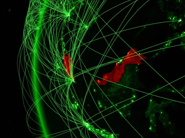 Malaysia from space on green model of Earth with international networks. Concept of green communication or travel. 3D illustration. Elements of this image furnished by NASA.