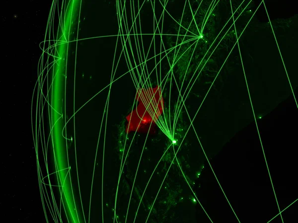 Uganda from space on green model of Earth with international networks. Concept of green communication or travel. 3D illustration. Elements of this image furnished by NASA.