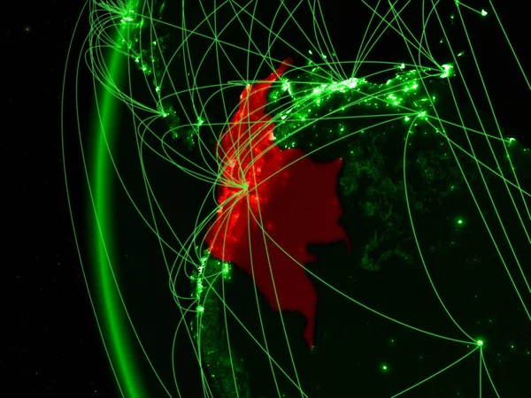 Colombia from space on green model of Earth with international networks. Concept of green communication or travel. 3D illustration. Elements of this image furnished by NASA.