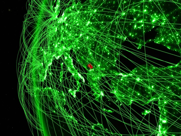 Kosovo from space on green model of Earth with international networks. Concept of green communication or travel. 3D illustration. Elements of this image furnished by NASA.