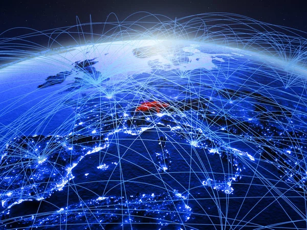 Švýcarsko Modré Digitální Planetě Zemi Mezinárodní Sítí Představující Komunikace Cestování — Stock fotografie