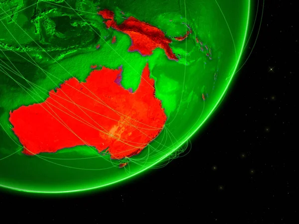 Australia on green Earth with network. Concept of connectivity. May represent air traffic, internet or telecommunications. 3D illustration. Elements of this image furnished by NASA.