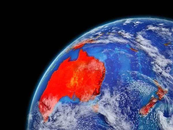 Australia on model of planet Earth with very detailed planet surface and clouds. Continent highlighted in red. 3D illustration. Elements of this image furnished by NASA.