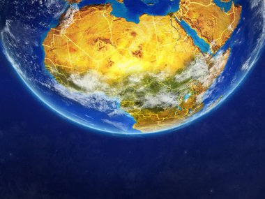 Afrika modeli bir ülke sınırları ile dünya gezegeni uzaydan. Son derece ince detay gezegenin yüzey ve bulutlar. 3D çizim. Nasa tarafından döşenmiş bu görüntü unsurları.